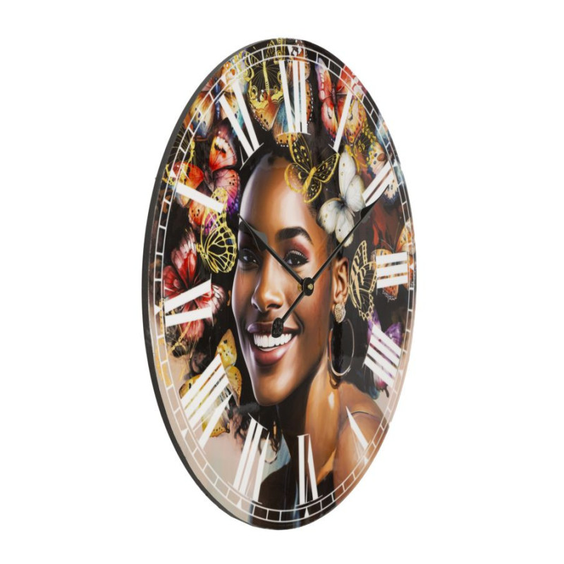 Grande Horloge murale ronde Femme africaine 60 cm en Bois MDF Kourt 