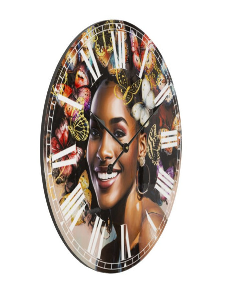Grande Horloge murale ronde Femme africaine 60 cm en Bois MDF Kourt 