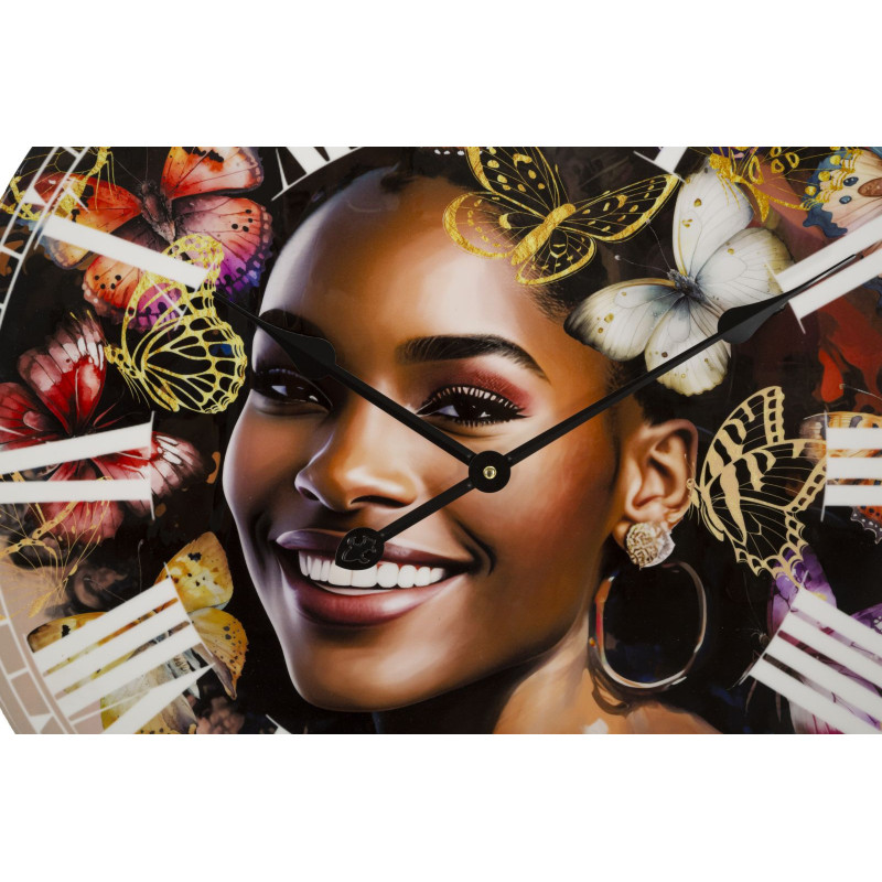 Grande Horloge murale ronde Femme africaine 60 cm en Bois MDF Kourt 