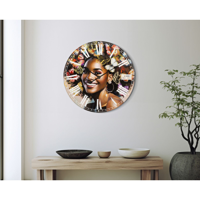 Grande Horloge murale ronde Femme africaine 60 cm en Bois MDF Kourt 