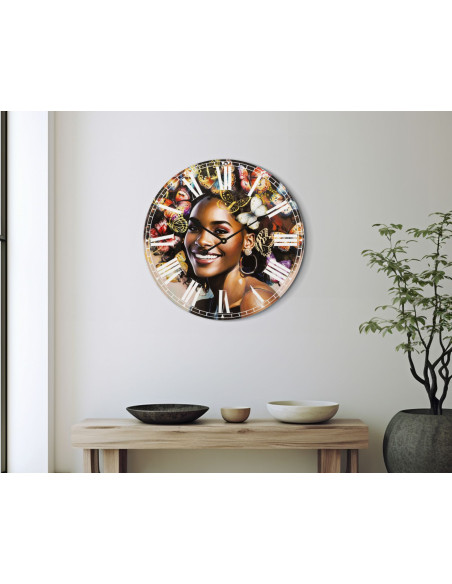 Grande Horloge murale ronde Femme africaine 60 cm en Bois MDF Kourt 