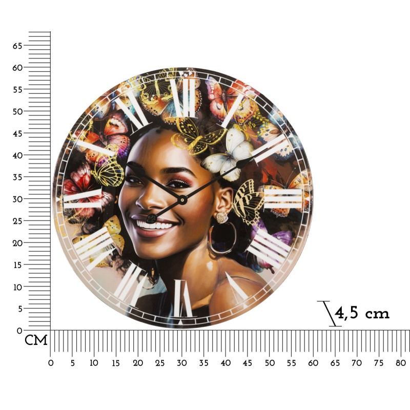Grande Horloge murale ronde Femme africaine 60 cm en Bois MDF Kourt 
