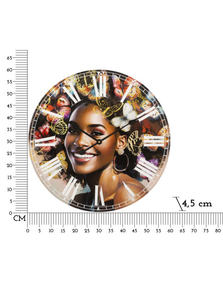 Grande Horloge murale ronde Femme africaine 60 cm en Bois MDF Kourt 