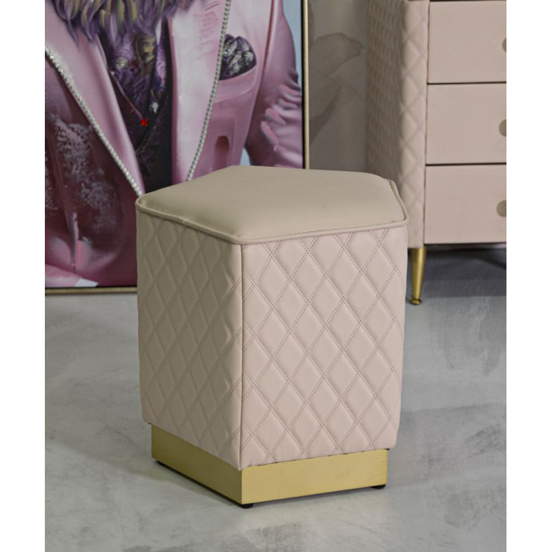 Pouf moderne Pentagonal 35 cm en Polyuréthane Rose Matelassé Bois MDF Métal Doré Sharon 