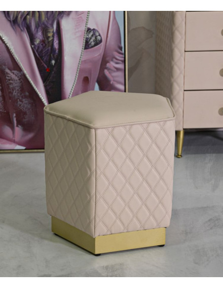 Pouf moderne Pentagonal 35 cm en Polyuréthane Rose Matelassé Bois MDF Métal Doré Sharon 