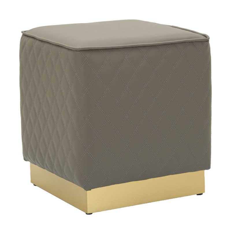 Pouf moderne Carré 35 cm en Polyuréthane Gris Matelassé Bois MDF Métal Doré Sharon 