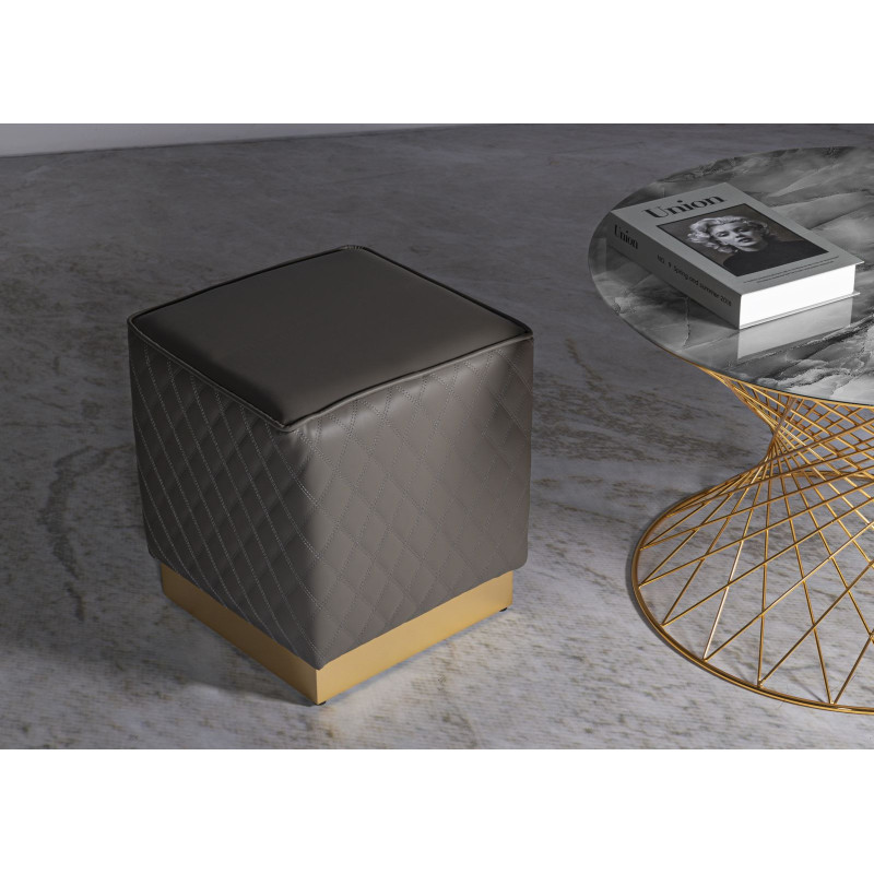 Pouf moderne Carré 35 cm en Polyuréthane Gris Matelassé Bois MDF Métal Doré Sharon 