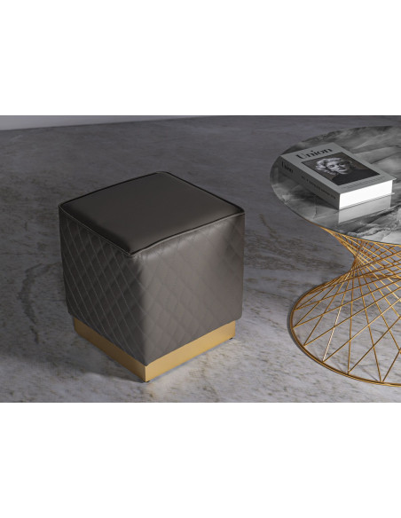 Pouf moderne Carré 35 cm en Polyuréthane Gris Matelassé Bois MDF Métal Doré Sharon 