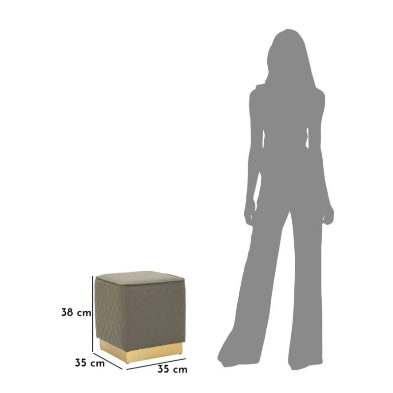 Pouf moderne Carré 35 cm en Polyuréthane Gris Matelassé Bois MDF Métal Doré Sharon 