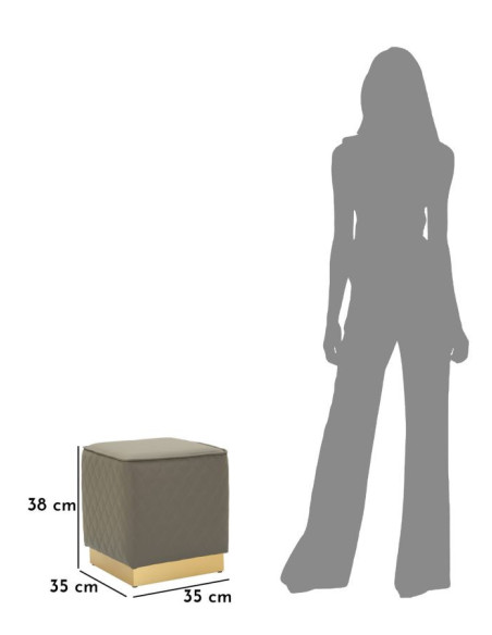 Pouf moderne Carré 35 cm en Polyuréthane Gris Matelassé Bois MDF Métal Doré Sharon 