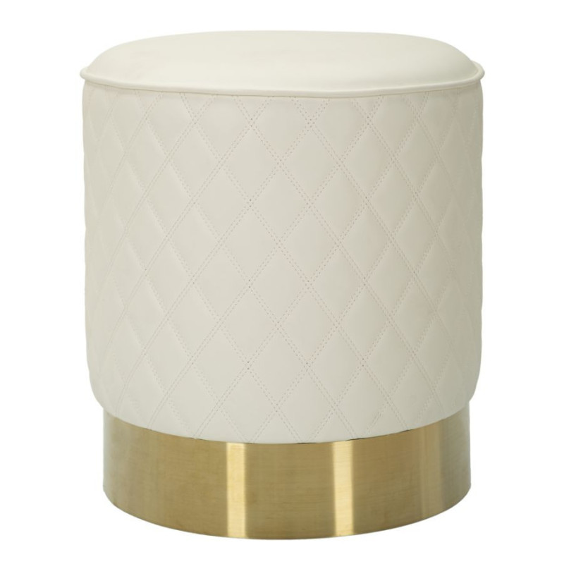 Pouf moderne Rond 36 cm en Polyuréthane Blanc Matelassé Bois MDF Métal Doré Sharon 