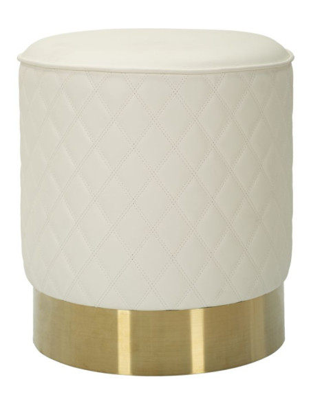 Pouf moderne Rond 36 cm en Polyuréthane Blanc Matelassé Bois MDF Métal Doré Sharon 