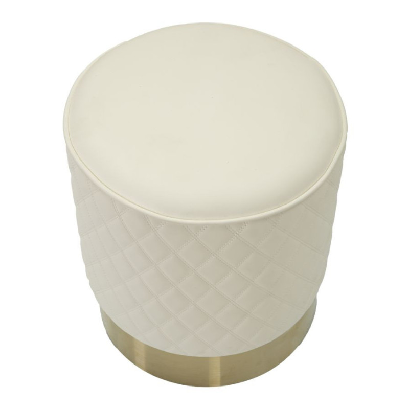 Pouf moderne Rond 36 cm en Polyuréthane Blanc Matelassé Bois MDF Métal Doré Sharon 
