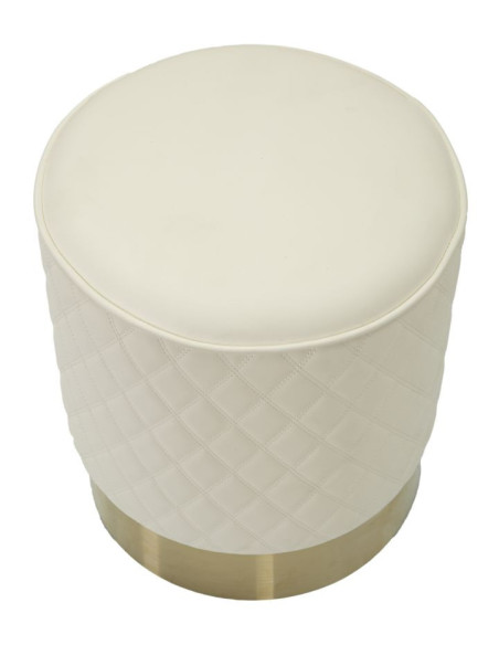 Pouf moderne Rond 36 cm en Polyuréthane Blanc Matelassé Bois MDF Métal Doré Sharon 