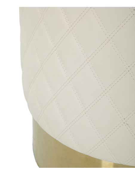 Pouf moderne Rond 36 cm en Polyuréthane Blanc Matelassé Bois MDF Métal Doré Sharon 