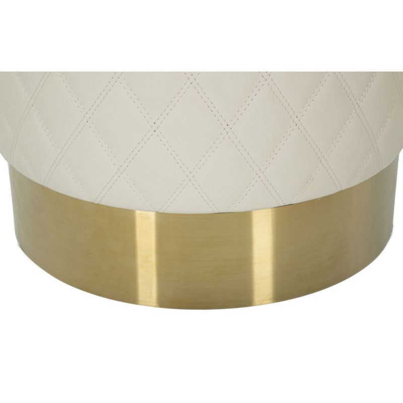 Pouf moderne Rond 36 cm en Polyuréthane Blanc Matelassé Bois MDF Métal Doré Sharon 