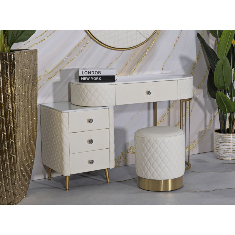 Pouf moderne Rond 36 cm en Polyuréthane Blanc Matelassé Bois MDF Métal Doré Sharon 