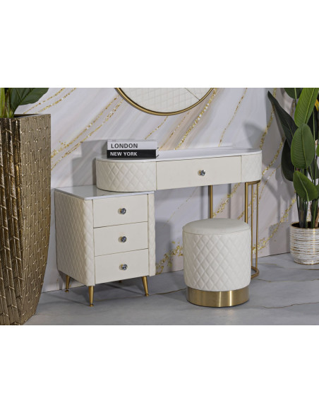 Pouf moderne Rond 36 cm en Polyuréthane Blanc Matelassé Bois MDF Métal Doré Sharon 