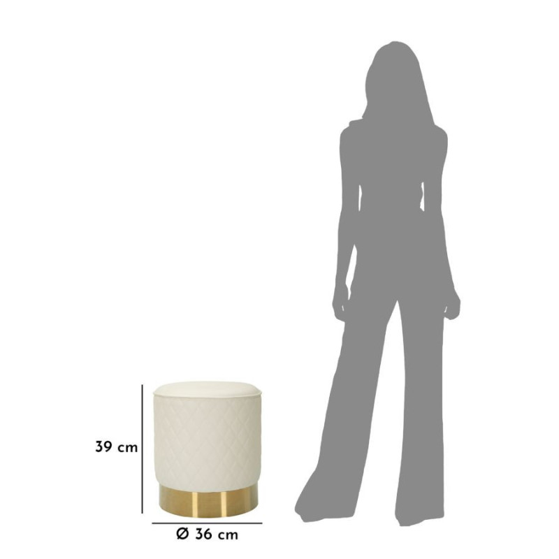 Pouf moderne Rond 36 cm en Polyuréthane Blanc Matelassé Bois MDF Métal Doré Sharon 