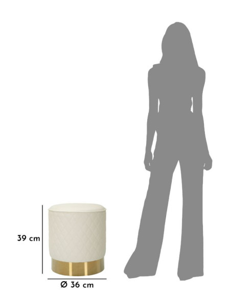 Pouf moderne Rond 36 cm en Polyuréthane Blanc Matelassé Bois MDF Métal Doré Sharon 