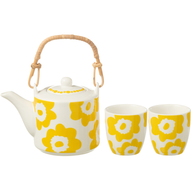 Service à thé 1 théière et 2 tasses 600 ml en Céramique Blanc Jaune Motif fleurs Candace - 1