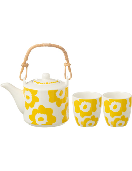 Service à thé 1 théière et 2 tasses 600 ml en Céramique Blanc Jaune Motif fleurs Candace - 1