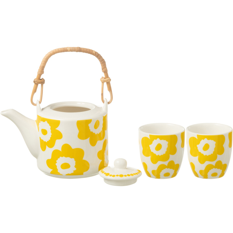 Service à thé 1 théière et 2 tasses 600 ml en Céramique Blanc Jaune Motif fleurs Candace - 2