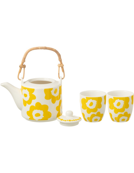 Service à thé 1 théière et 2 tasses 600 ml en Céramique Blanc Jaune Motif fleurs Candace - 2