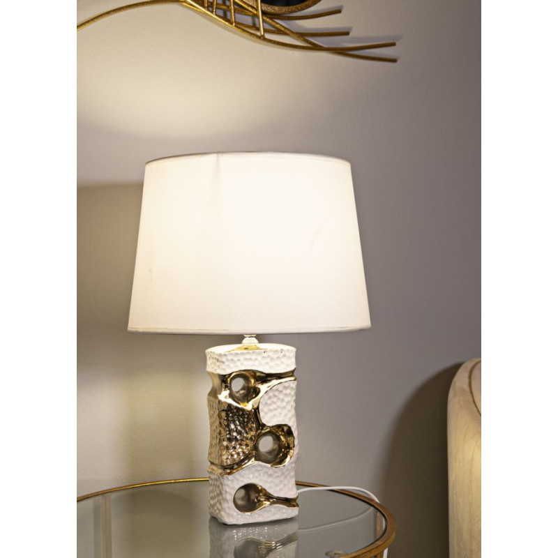 Lampe poser originale moderne Hauteur 43 cm en Céramique Blanc Métal Doré Tissu Blanc Florida 