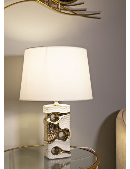Lampe poser originale moderne Hauteur 43 cm en Céramique Blanc Métal Doré Tissu Blanc Florida 