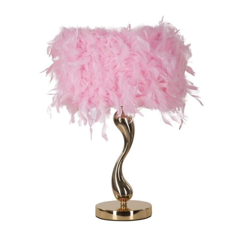 Lampe à poser moderne Plumes Hauteur 47 cm en Tissu Rose Métal Doré Cart 