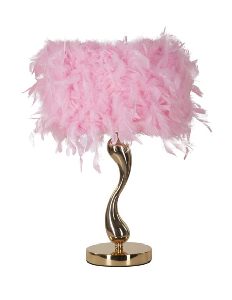 Lampe à poser moderne Plumes Hauteur 47 cm en Tissu Rose Métal Doré Cart 