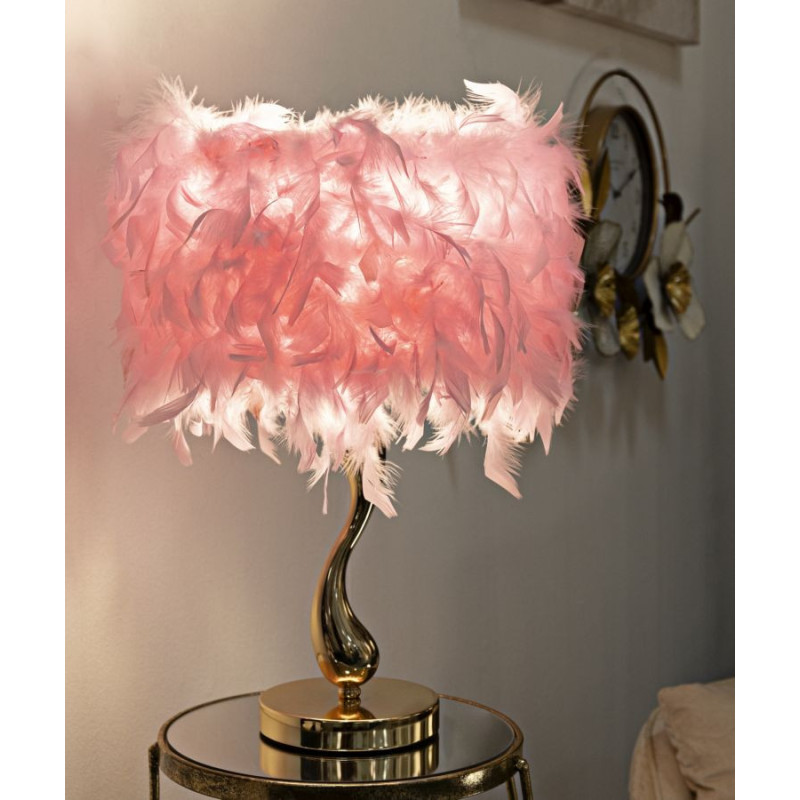 Lampe à poser moderne Plumes Hauteur 47 cm en Tissu Rose Métal Doré Cart 