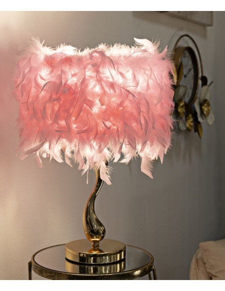 Lampe à poser moderne Plumes Hauteur 47 cm en Tissu Rose Métal Doré Cart 