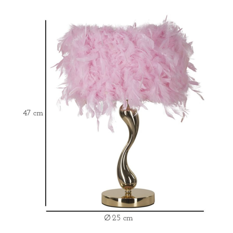 Lampe à poser moderne Plumes Hauteur 47 cm en Tissu Rose Métal Doré Cart 