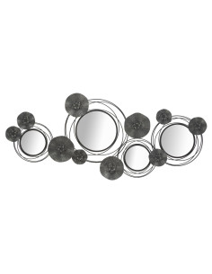 Grande déco murale moderne Cercles & Fleurs 117x49 en Métal Noir Gris Miroir Dark 