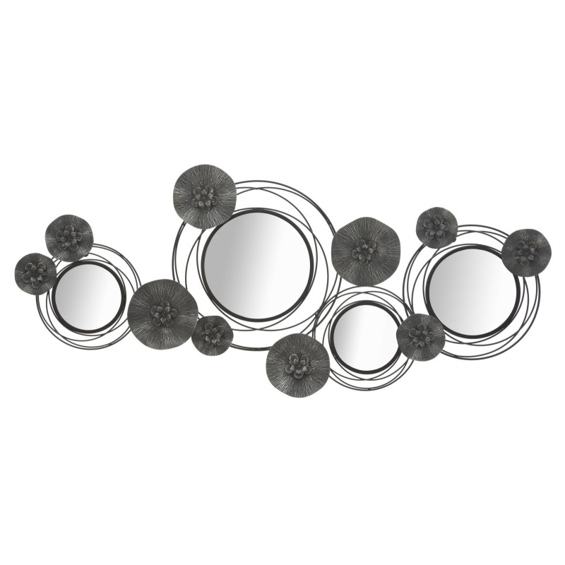 Grande déco murale moderne Cercles & Fleurs 117x49 en Métal Noir Gris Miroir Dark 
