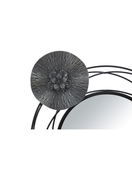 Grande déco murale moderne Cercles & Fleurs 117x49 en Métal Noir Gris Miroir Dark 