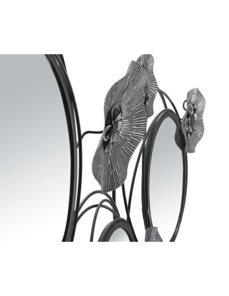 Grande déco murale moderne Cercles & Fleurs 117x49 en Métal Noir Gris Miroir Dark 