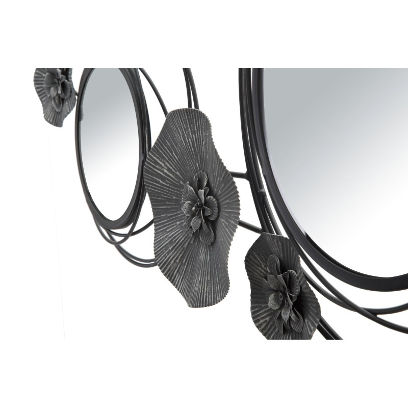 Grande déco murale moderne Cercles & Fleurs 117x49 en Métal Noir Gris Miroir Dark 