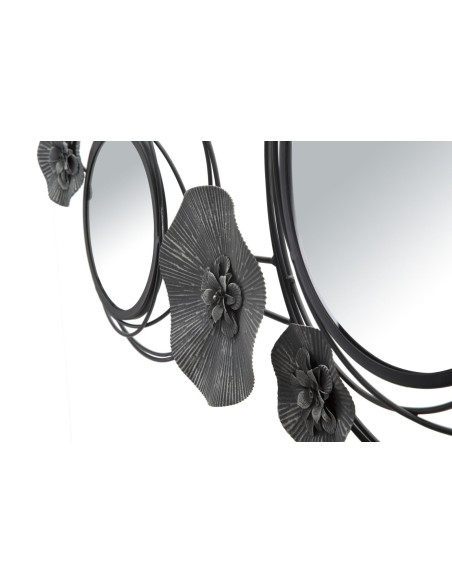 Grande déco murale moderne Cercles & Fleurs 117x49 en Métal Noir Gris Miroir Dark 