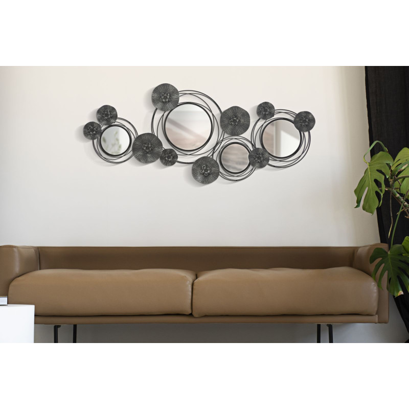 Grande déco murale moderne Cercles & Fleurs 117x49 en Métal Noir Gris Miroir Dark 