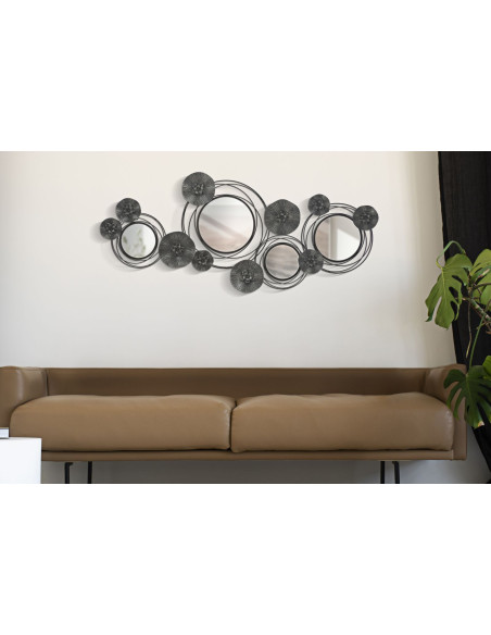 Grande déco murale moderne Cercles & Fleurs 117x49 en Métal Noir Gris Miroir Dark 