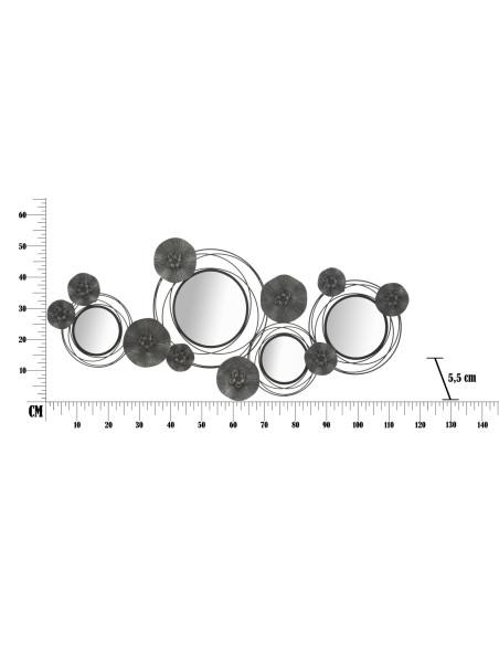 Grande déco murale moderne Cercles & Fleurs 117x49 en Métal Noir Gris Miroir Dark 
