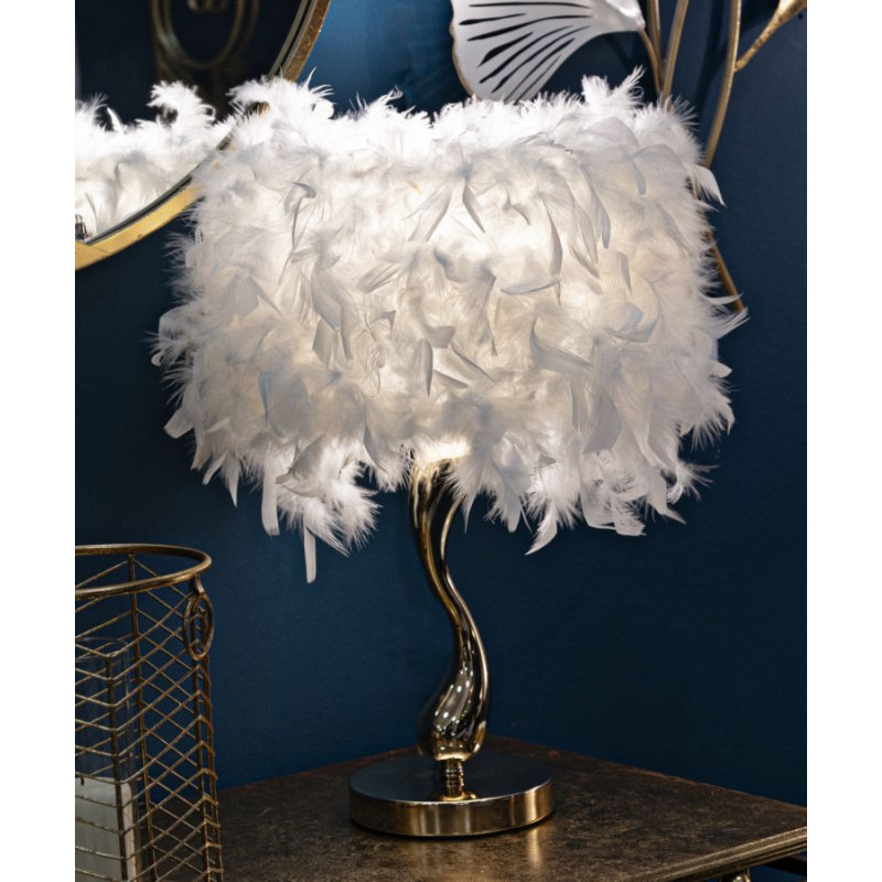 Lampe à poser moderne Plumes Hauteur 47 cm en Tissu Blanc Métal Doré Cart 