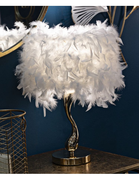 Lampe à poser moderne Plumes Hauteur 47 cm en Tissu Blanc Métal Doré Cart 