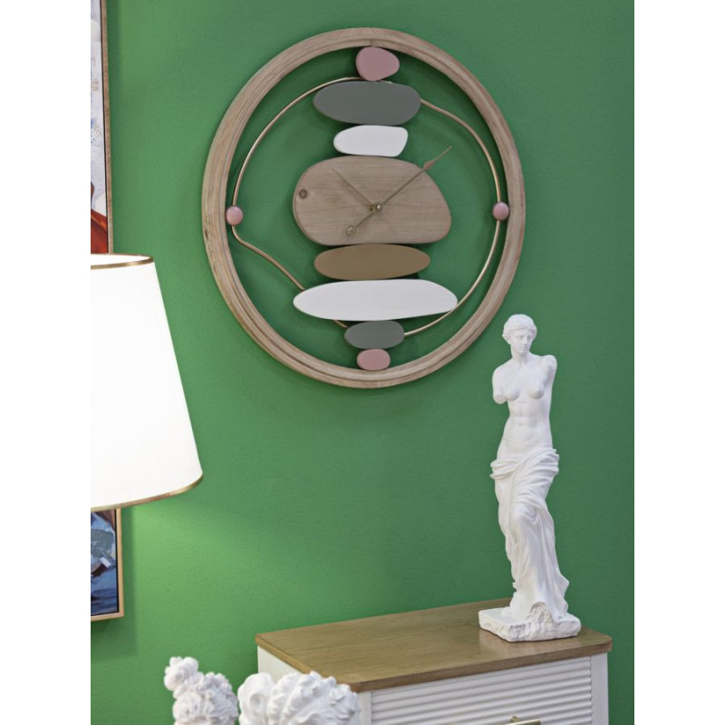 Grande Horloge murale ronde moderne 57 cm en Bois MDF Naturel Métal Doré Colorful 