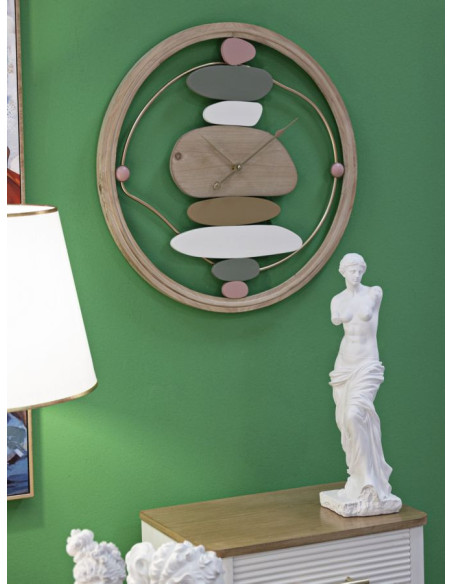Grande Horloge murale ronde moderne 57 cm en Bois MDF Naturel Métal Doré Colorful 