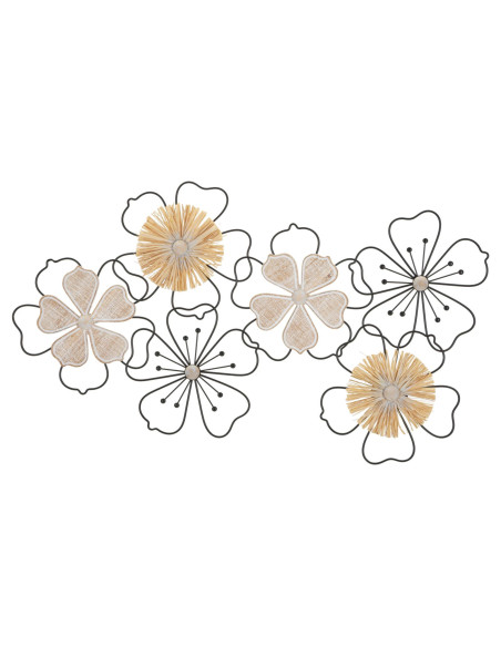 Grande déco murale moderne Fleurs 75x42 en Métal Noir Raphia Naturel Bois Marron Itis 