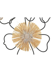 Grande déco murale moderne Fleurs 75x42 en Métal Noir Raphia Naturel Bois Marron Itis 